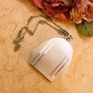 ART DECO Silver Powder Compact Wristlet~ VINTAGE Mirrored Vanity Silver Wristlet